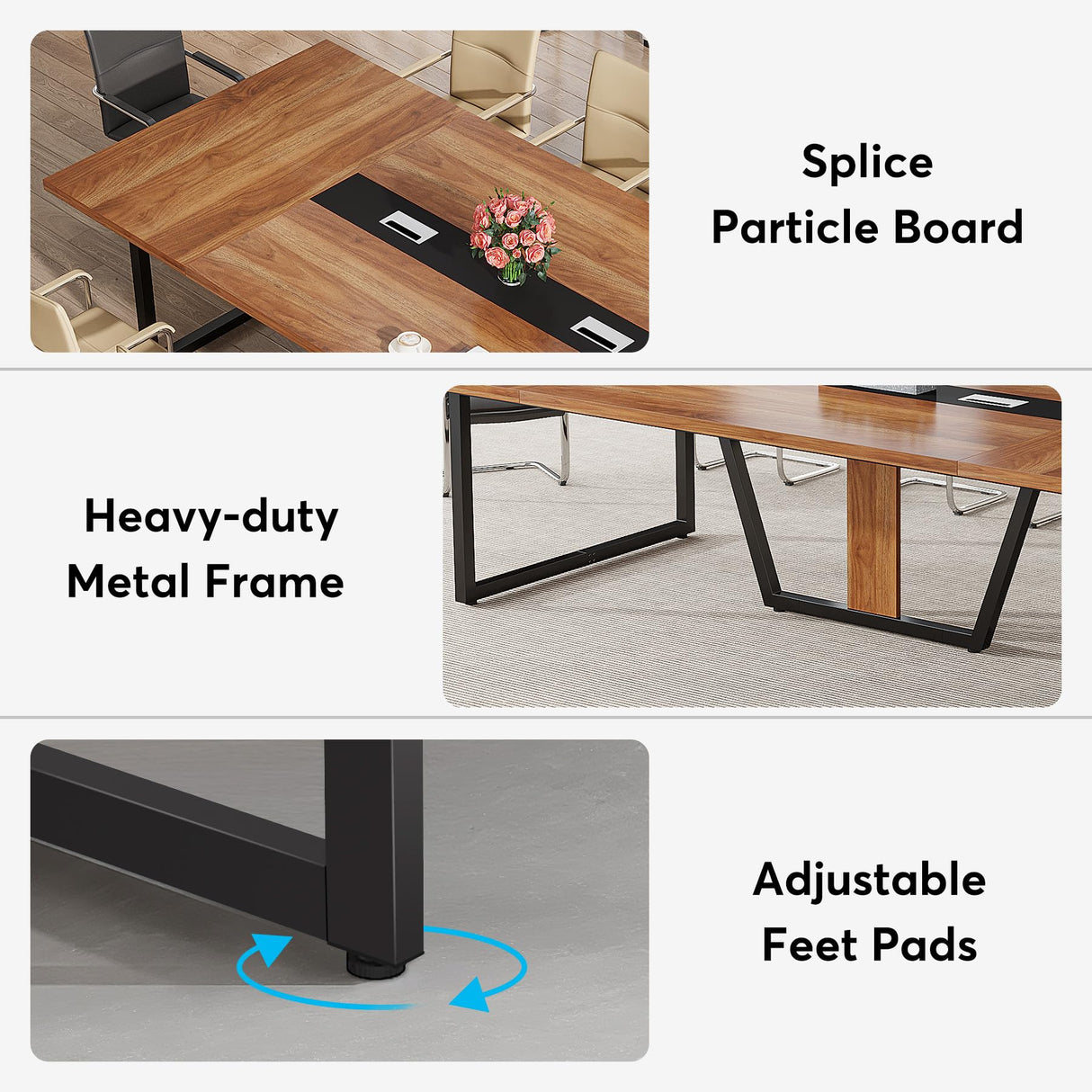 LITTLE TREE 8FT Conference Table for 10 People, Large Meeting Table, Modern Conference Room Table with Cable Management, Training Table with Strong Metal Legs for Office, Brown LITTLE TREE