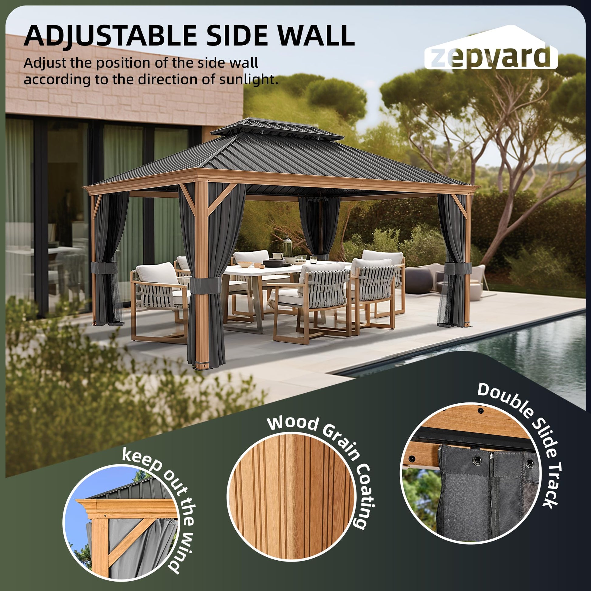 ZEPYARD 12x16 FT Hardtop Gazebo, Metal Outdoor Gazebo with Wood-Grain Coating, Netting and Curtains, Double Galvanized Steel Roof, Patio Hard Top Gazebo for Backyard, Deck, Poolside (Grey) - WoodArtSupply