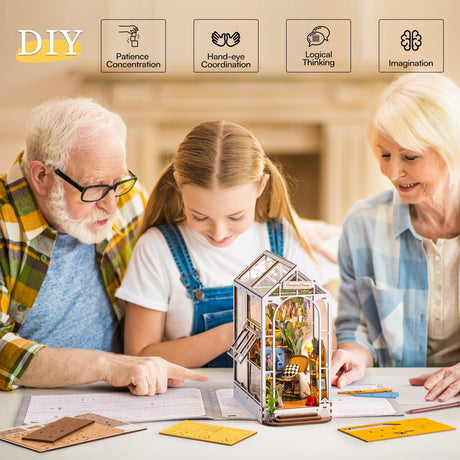 ROBOTIME Book Nook Kit - DIY Miniature House Kit, 3D Wooden Puzzle Booknook, Bookend Bookshelf Insert Decor with LED Light, DollhouseTiny House Hobby Diorama Kit Unique Gifts (Garden House) ROBOTIME