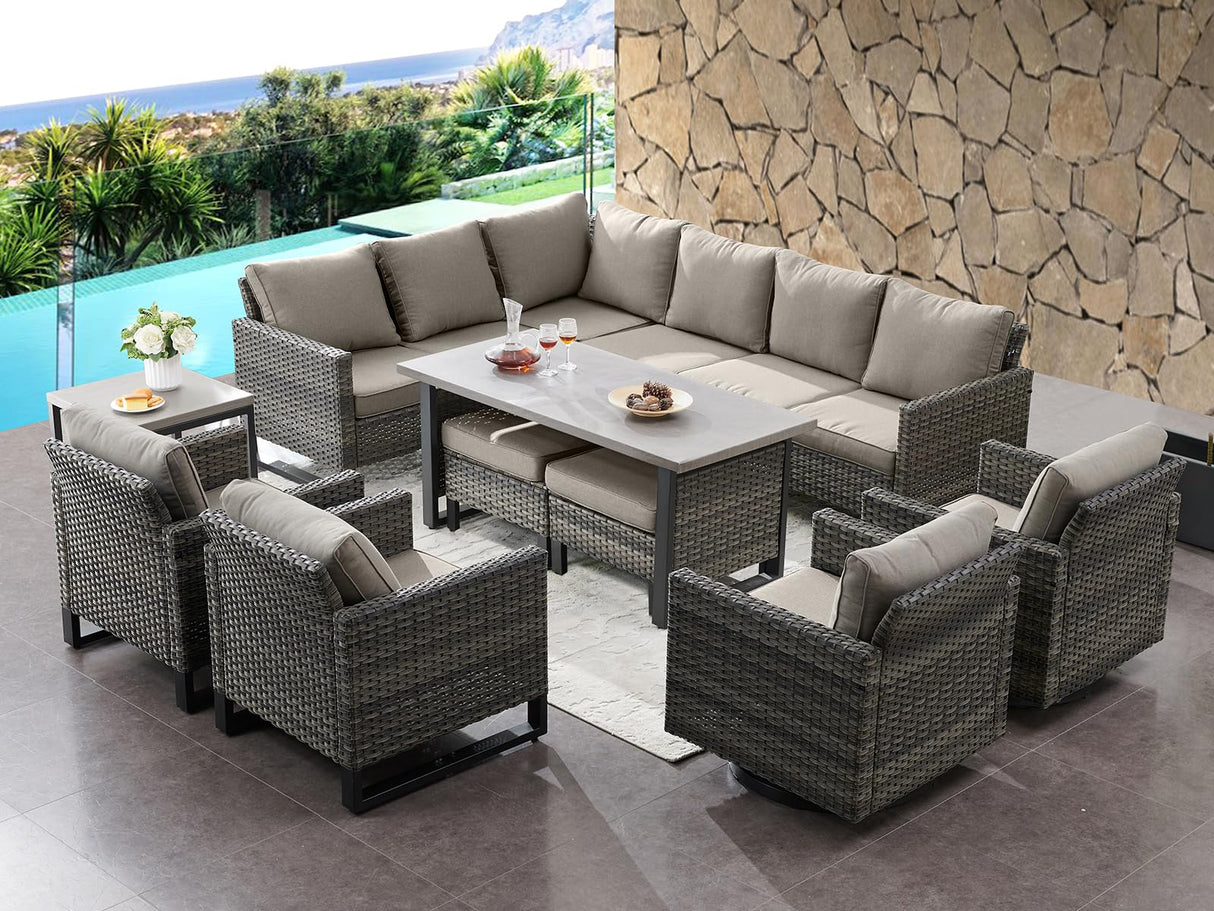 HUMMUH Patio Furniture 10 Piece PE Wicker 6-Seater Outdoor Sectional Sofa Patio Swivel Chairs Outdoor Chairs with Tables for Porch,Garden,Backyard,Deck HUMMUH