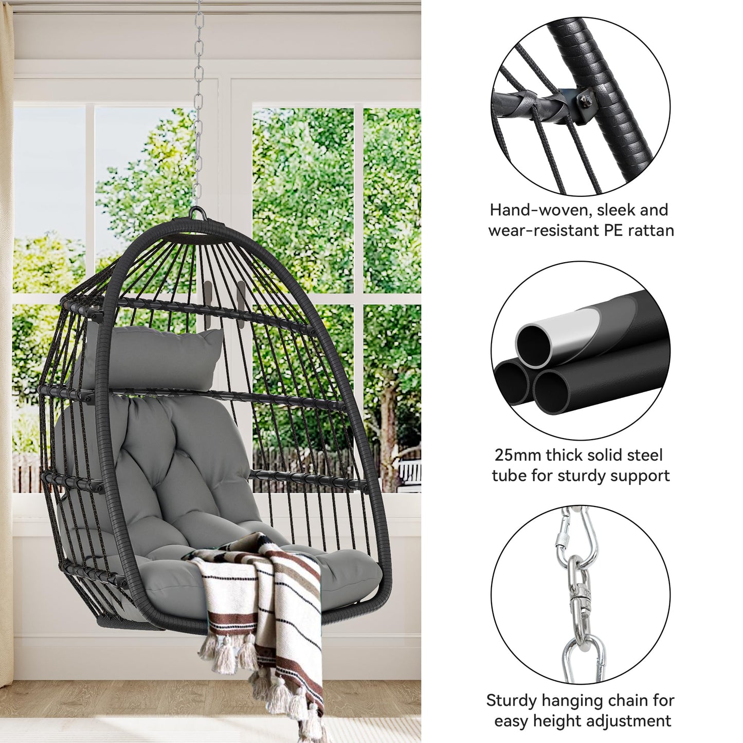 YITAHOME Hanging Egg Chair Swing Chair Outdoor Patio Wicker Chair Swing Hammock Egg Chairs with Cushion 330lbs for Patio, Bedroom, Garden and Balcony, Dark Gray(Stand not Included) - WoodArtSupply