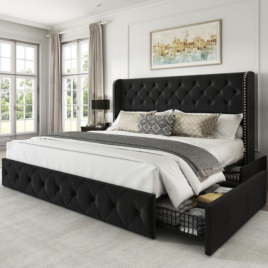 LARMACE Velvet Black King Size Bed Frame with 4 Storage Drawers and Tufted Wingback Headboard - WoodArtSupply