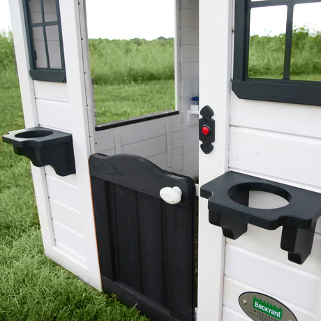 Backyard Discovery Sweetwater All Cedar White Modern Outdoor Wooden Playhouse, Cottage, Sink, Stove, Windows, Kitchen with Pot and Pans and Utensils, Flowerpot Holders, Working Doorbell, Ages 2-6 Backyard Discovery