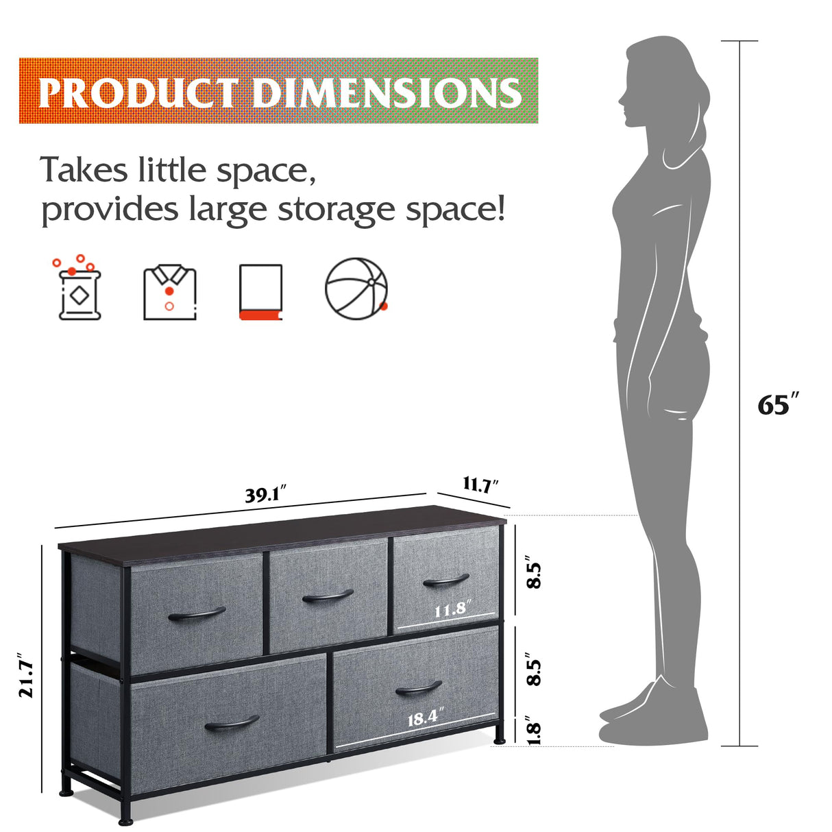 WLIVE Dresser for Bedroom with 5 Drawers, Wide Chest of Drawers, Fabric Dresser, Storage Organizer Unit with Fabric Bins for Closet, Living Room, Hallway, Dark Grey WLIVE