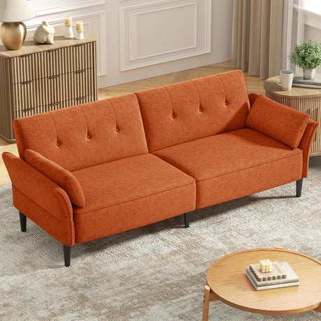 COPIAE 89” Futon Sofa Bed, Comfy Futon Couch Bed with 2 Square Pillows, Convertible Sleeper Sofa with Adjustable Backrest&Armrests, Modern Loveseat Sleeper for Living Room,Velvet Fabric,Burnt Orange COPIAE