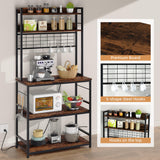 Shintenchi Bakers Rack with Power Outlet, Large Storage Space, 10 Hooks Coffee Bar with Metal Wire Panel, High Microwave Stand, Classic Kitchen Storage Shelf Design, Vintage Brown Shintenchi