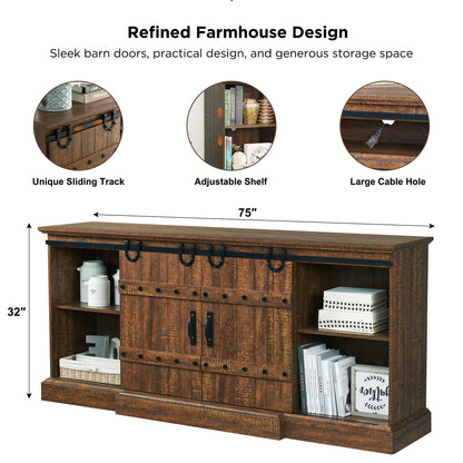 OKD Farmhouse 75" TV Stand for 80 85 Inch TV, Rustic Media Console Table with Sliding Barn Door, Large Highboy Entertainment Center with Storage Cabinet for Living Room, Bedroom, Reclaimed Ba - WoodArtSupply