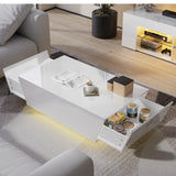 Cozy Castle High Gloss Coffee Table with LED, Modern Center Table with 2 Large Hidden Storage Drawers for Living Room, White, 41.3" W x 23.6" D x 13.6" H Cozy Castle