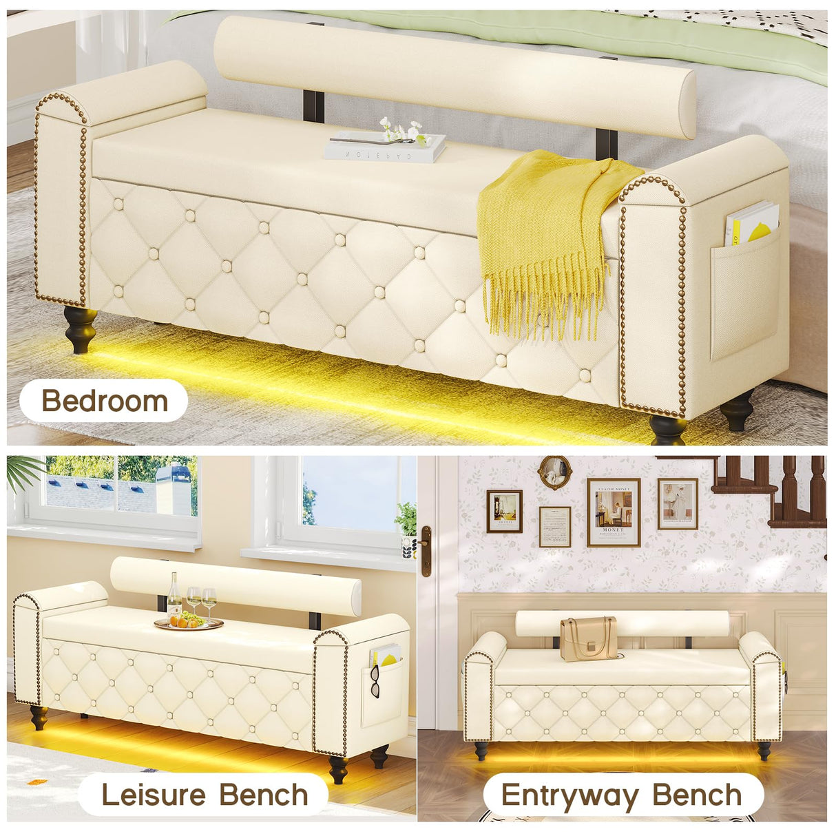 51" Ottoman with Storage, Storage Ottoman Bench with Upholstered Backrest, Tufted Entryway Bench with Curved Arm Support, End of Bed Bench with LED Lights, Storage Bench for Bedroom,Living Room,Beige Tagafi