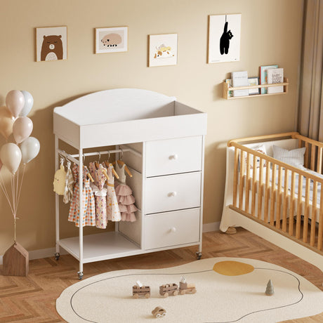 DTK Changing Table Dresser with Clothing Rack and Storage Shelf,3-Drawer Baby Dresser with Changing Table Top,Diaper Changing Station with Waterproof Pad,Mobile Dresser for Nursery,White DTK