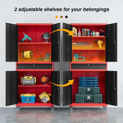 Metal Storage Cabine，73" Tall Garage Storage Cabinet，with 2 Tier Shelves and Locking Rolling Tool Storage Cabinet，for Garage Home，Kitchen，Office，Utility Room，Warehouse (Red Black, 73"H -Wheels)