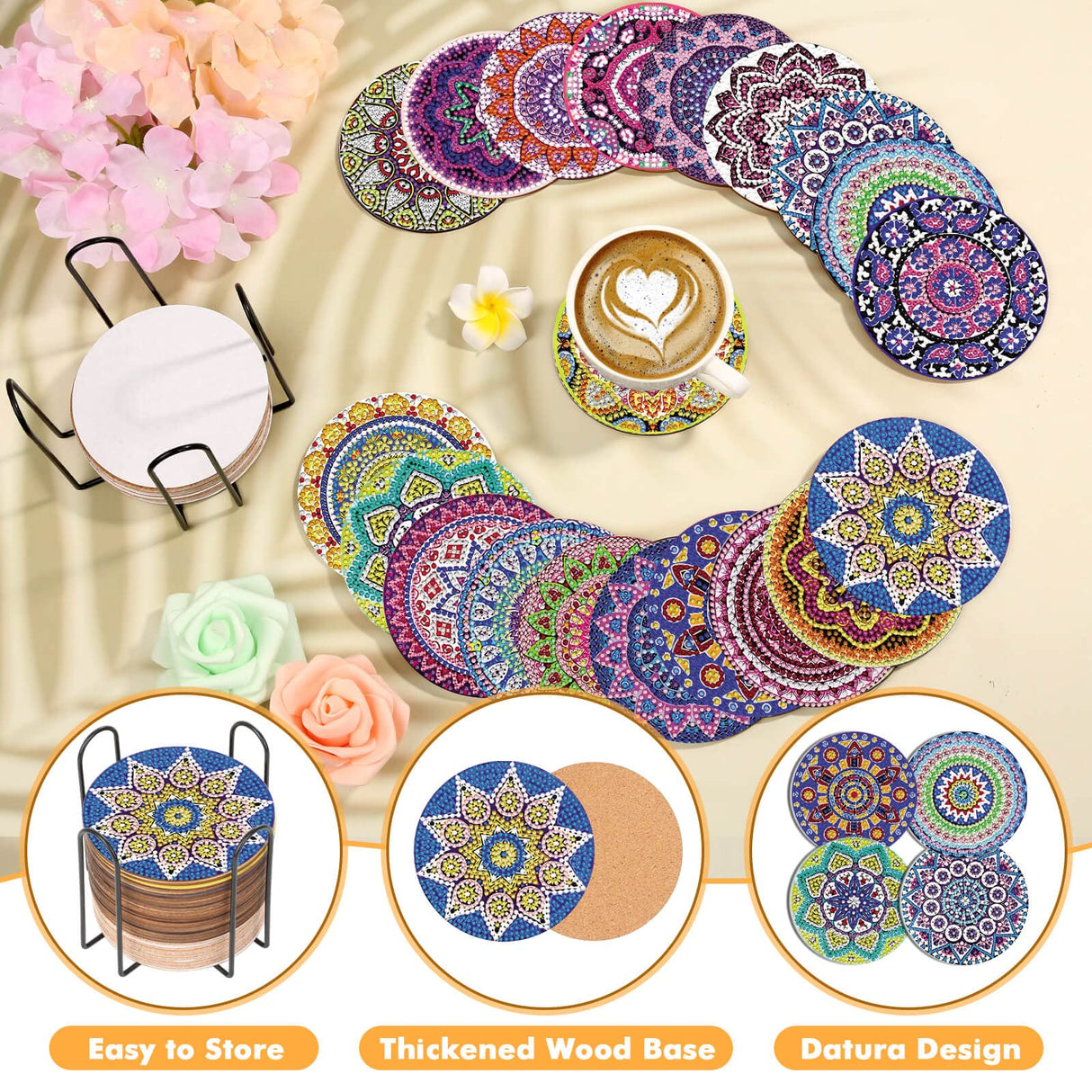 Caffox 20 Pieces Diamond Art Painting Coasters Kit with Holder, Diamond Art Coasters, DIY Diamond Art Crafts Projects, Diamond Art Kits for Adults and Beginners(Mandala Style) Caffox
