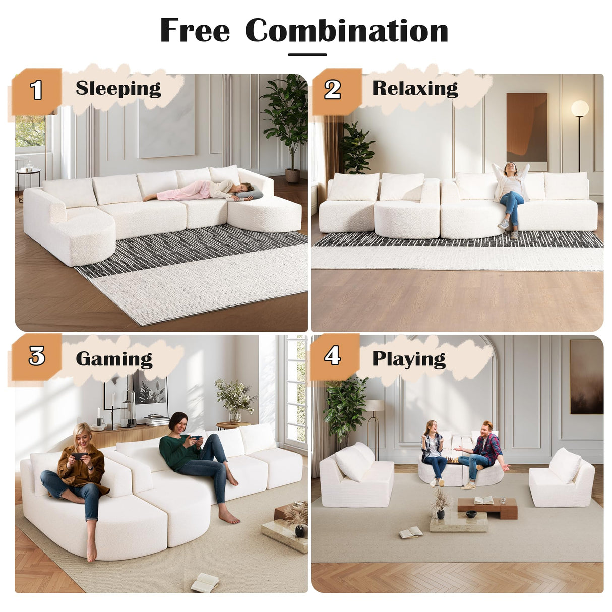 EYATZO 144" Sectional Couches for Living Room, Comfy U-Shaped Cloud Couch with Chaise Lounge, Modern Deep Seat Boneless Sofa, No Assembly Required (Boucle, White) EYATZO