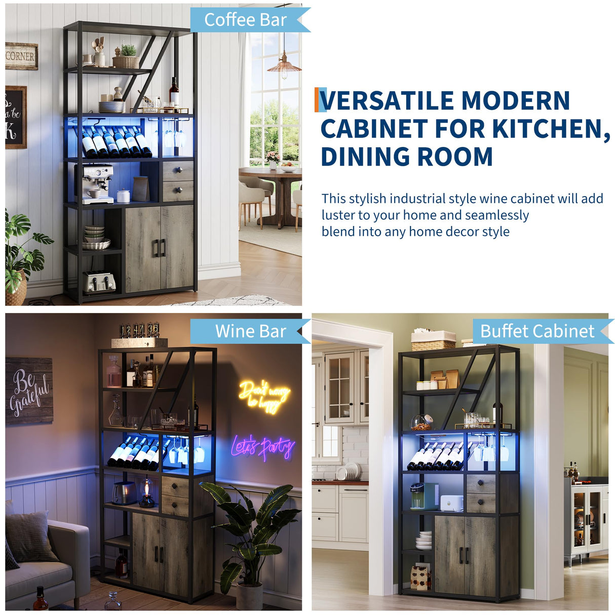 Wine Bar Cabinet with LED Lights and Power Outlets – Tall Coffee Bar Station with Wine Rack, Kitchen Microwave Stand and Bakers Rack – Stylish Cabinet for Living Room, Home, Dining Room, Grey GAOMON