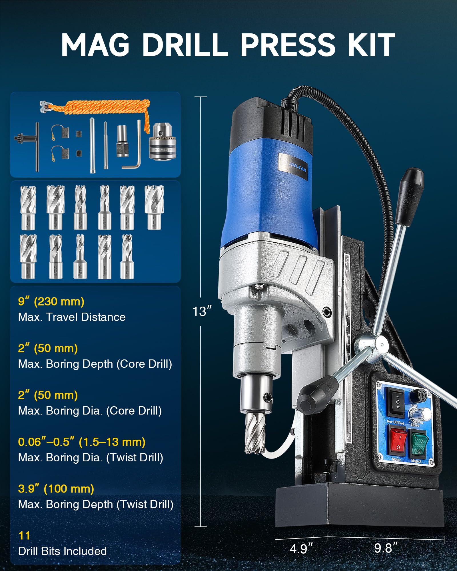 ZELCAN Mag Drill Press with 11 Drill Bits, 1550W Portable Magnetic Drill Press with 2" Boring Diameter, 0-580 rpm Stepless Speed & Reversible Direction, 2922 lbf Drilling Machine for Metal Su - WoodArtSupply