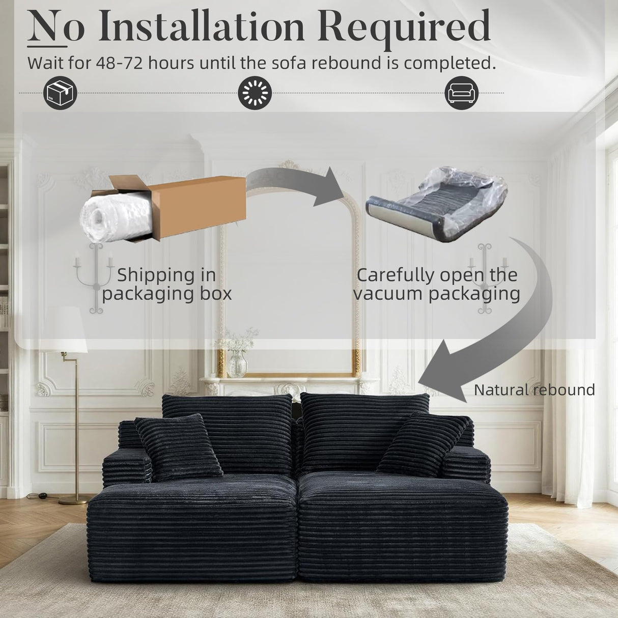 80" Oversized Double Chaise Lounges Indoor, Upholstered Boneless Couch with Deep Seat and 4 Pillows, Modern Corduroy Cloud Plush Sleeper Loveseat Memory Foam Couch, No Assembly Required, Black GULFXDS