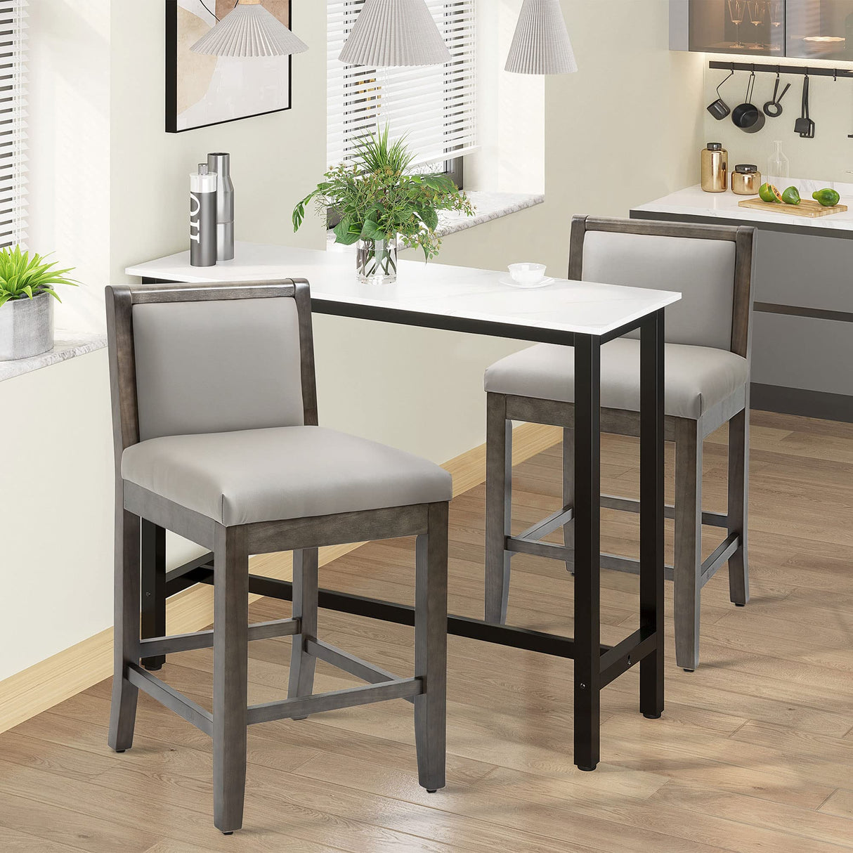 HOMCOM Set of 2 Grey PU Leather Counter Height Bar Stools with Back and Wood Legs HOMCOM