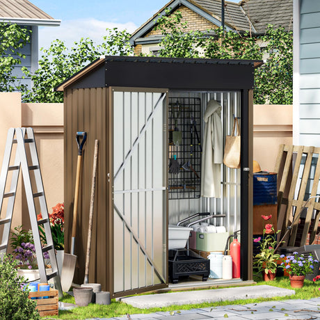 MistMo 5X3FT Outdoor Steel Storage Shed with Lockable Doors, One Window,Ideal for Garden, Backyard, Patio Storage,Brown Mistmo