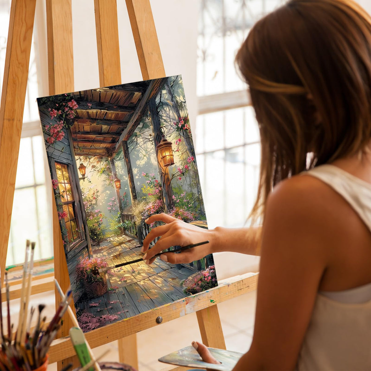 Ceiomez Landscape Paint by Numbers Kit for Adults, Scenery Paint by Number, Porch with Lights Paint by Numbers for Adults for Gift Home Wall Decor 16x20in Ceiomez