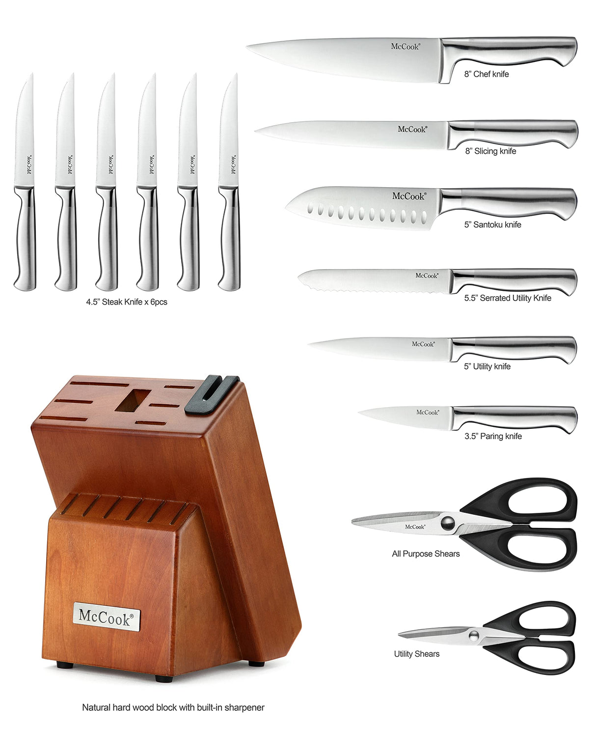 McCook® Knife Sets, German Stainless Steel Kitchen Knife Block Sets with Built-in Sharpener McCook