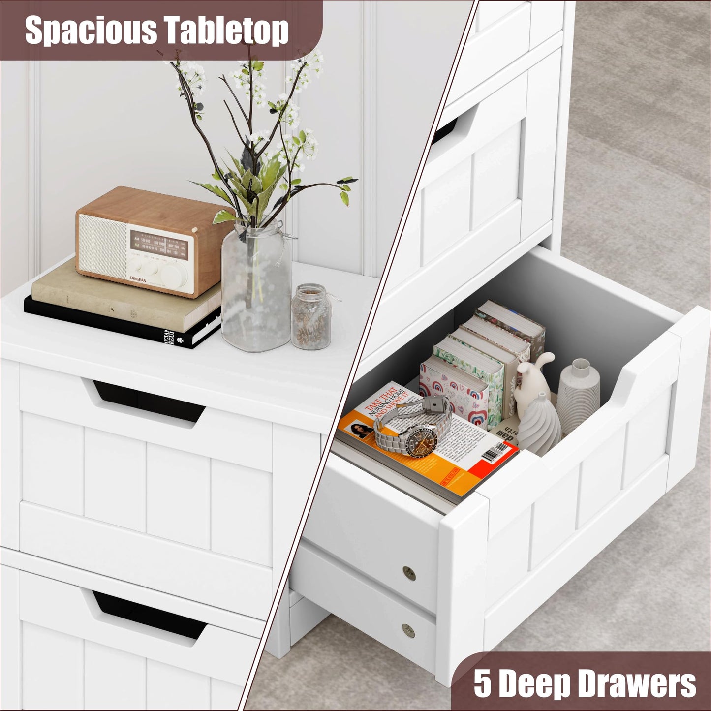 FOTOSOK Bathroom Floor Cabinet, Free-Standing Storage Cabinet with 5 Drawers, 11.8” x 15.7” x 40.1” Wooden Storage Cabinet with Cut-Out Handles, Side Tall Storage Cabinet for Bathroom, Living - WoodArtSupply