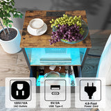 TUTOTAK LED End Table with Charging Station, Nightstand with Cloth Drawer, Side Table with 1 USB Port and 1 Type-C Port, Set of 2, Couch Table, Brown and Black TB01BB052KL TUTOTAK