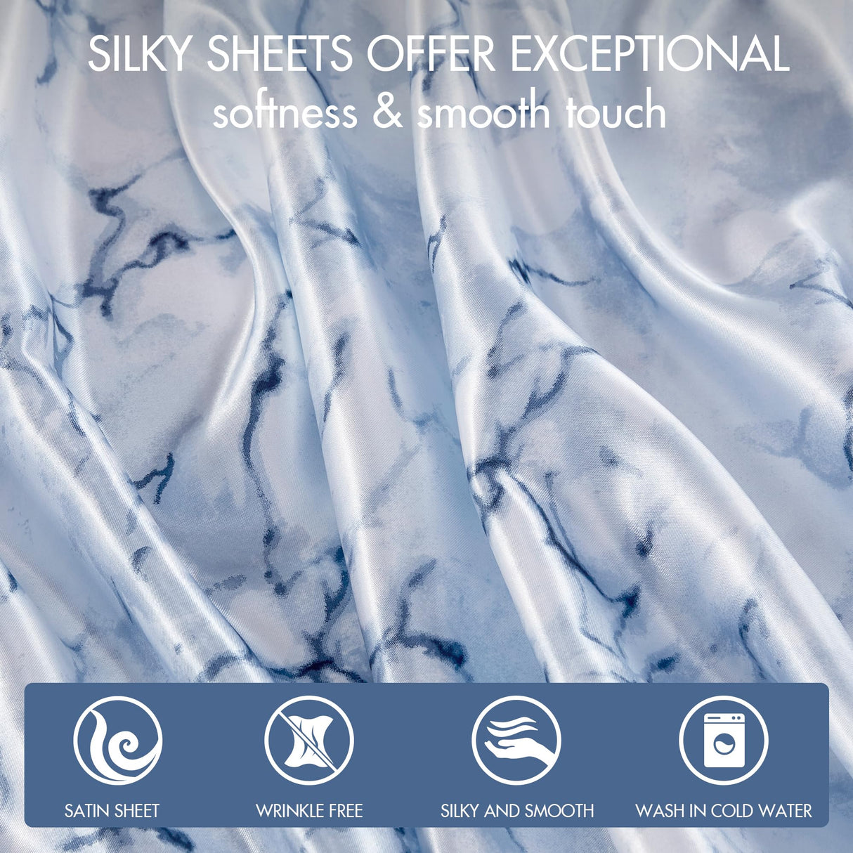 Madison Park Essentials Satin Sheet Set Luxuriously Smooth on Hair & Skin, Lustrous, Silky Bedding, All Seasons Sheets, Elastic Deep Pocket Sheet Fits Up to 16" Mattress, Queen Blue Marble 4 Piece Madison Park