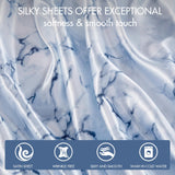 Madison Park Essentials Satin Sheet Set Luxuriously Smooth on Hair & Skin, Lustrous, Silky Bedding, All Seasons Sheets, Elastic Deep Pocket Sheet Fits Up to 16" Mattress, Queen Blue Marble 4 Piece Madison Park