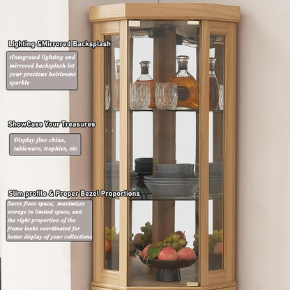 XZTUAJ Corner Curio Cabinet Display Case with Light, 69" H Glass Display Cabinet, Display Showcase Case Storage with Tempered Glass Door & Adjustable Glass Shelves for Living Room (Light Oak)