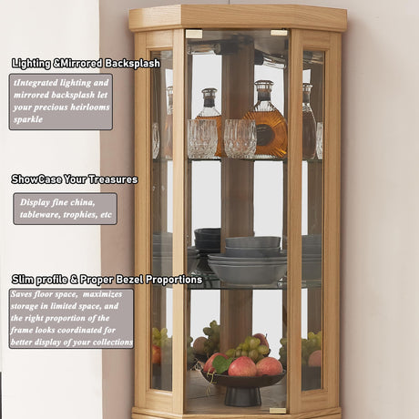XZTUAJ Corner Curio Cabinet Display Case with Light, 69" H Glass Display Cabinet, Display Showcase Case Storage with Tempered Glass Door & Adjustable Glass Shelves for Living Room (Light Oak) XZTUAJ