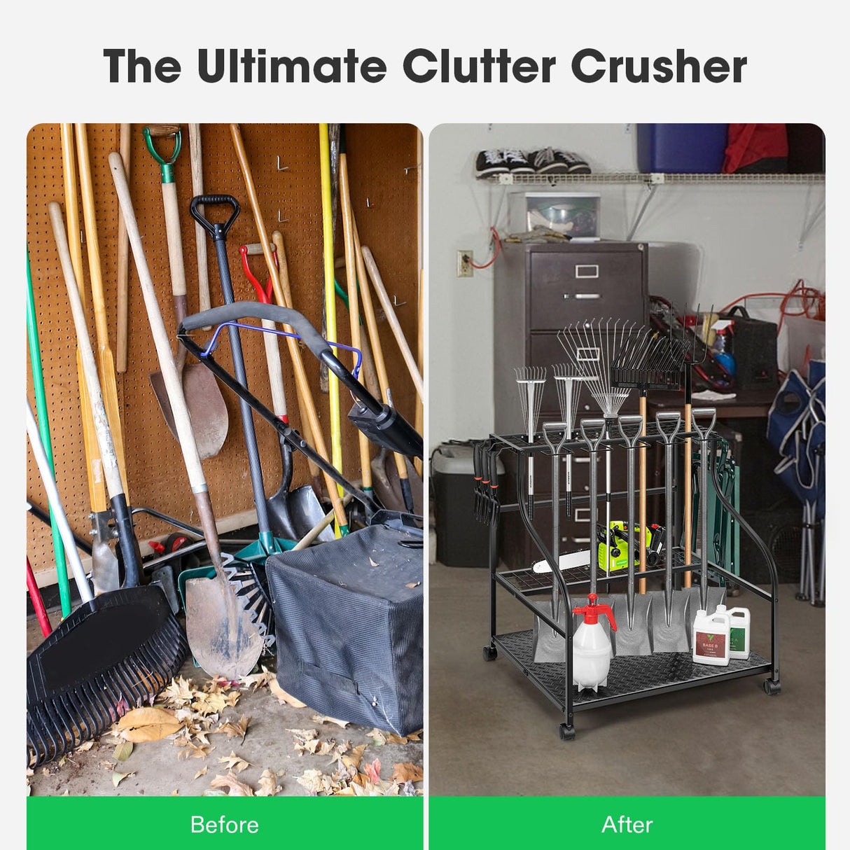 VIVOSUN Garden Tool Organizer, Heavy Duty Steel Tool Rack Tool Stand, Up to 68 Long-Handled Tools, Yard Tool Storage for Garage Shed Home and Outdoor, Rounded Style with Wheels VIVOSUN