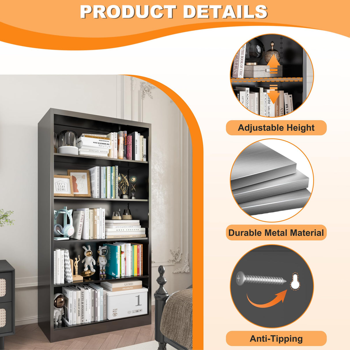 VASAAOSD 66" Tall Metal Bookcase, 5 Shelf Black Bookcase with Adjustable Shelves, Large Bookshelves and Bookcases, Modern Book Shelf Storage Organizer for Living Room, Home Office, Library (Black) VASAAOSD