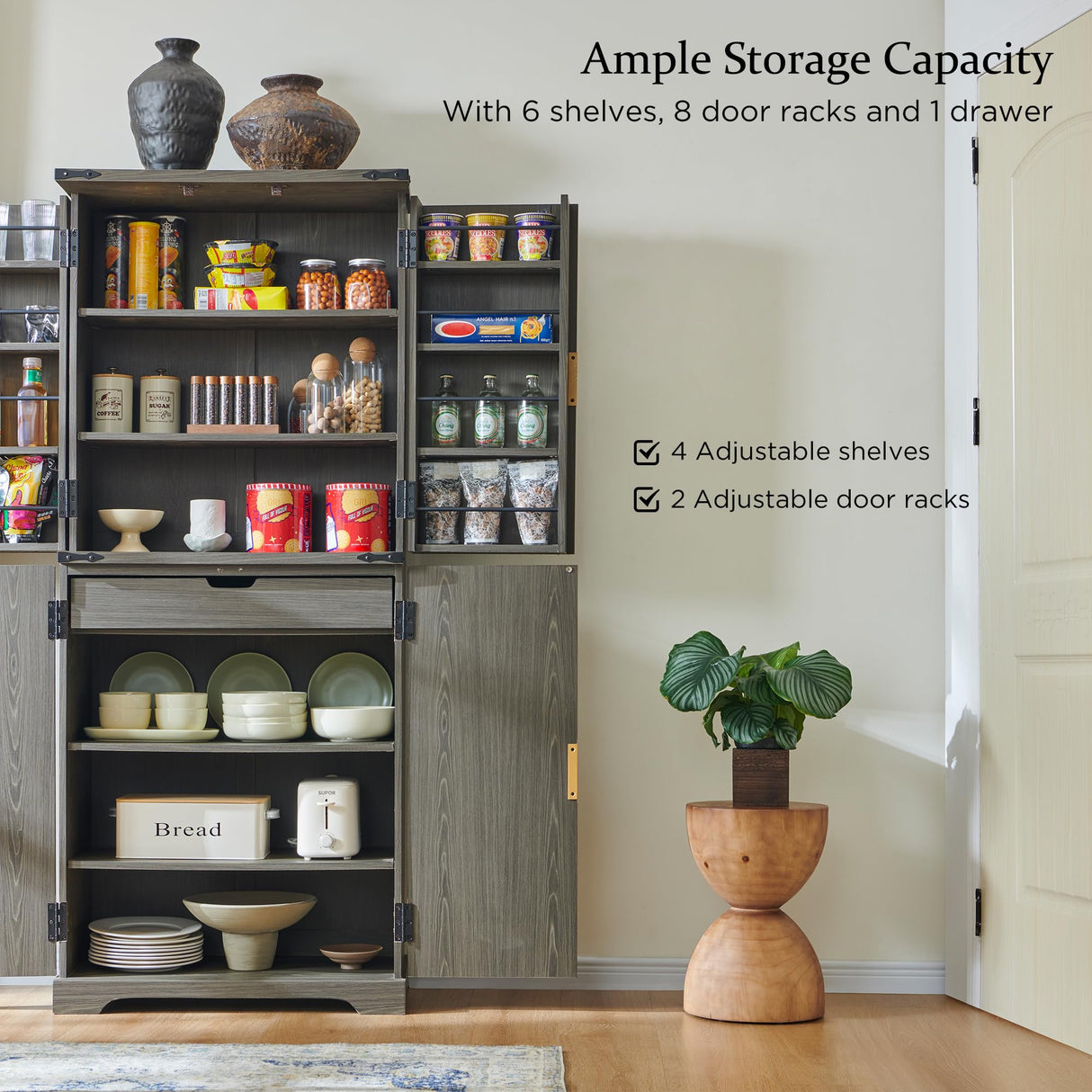 ACCOHOHO Fluted Pantry Cabinet, 72" Tall Modern Storage Cabinet with 4 Doors, Organizer, Drawer and Adjustable Shelves, Wood Cupboard for Kitchen, Dining Room, Living Room and Bathroom, Army Green ACCOHOHO