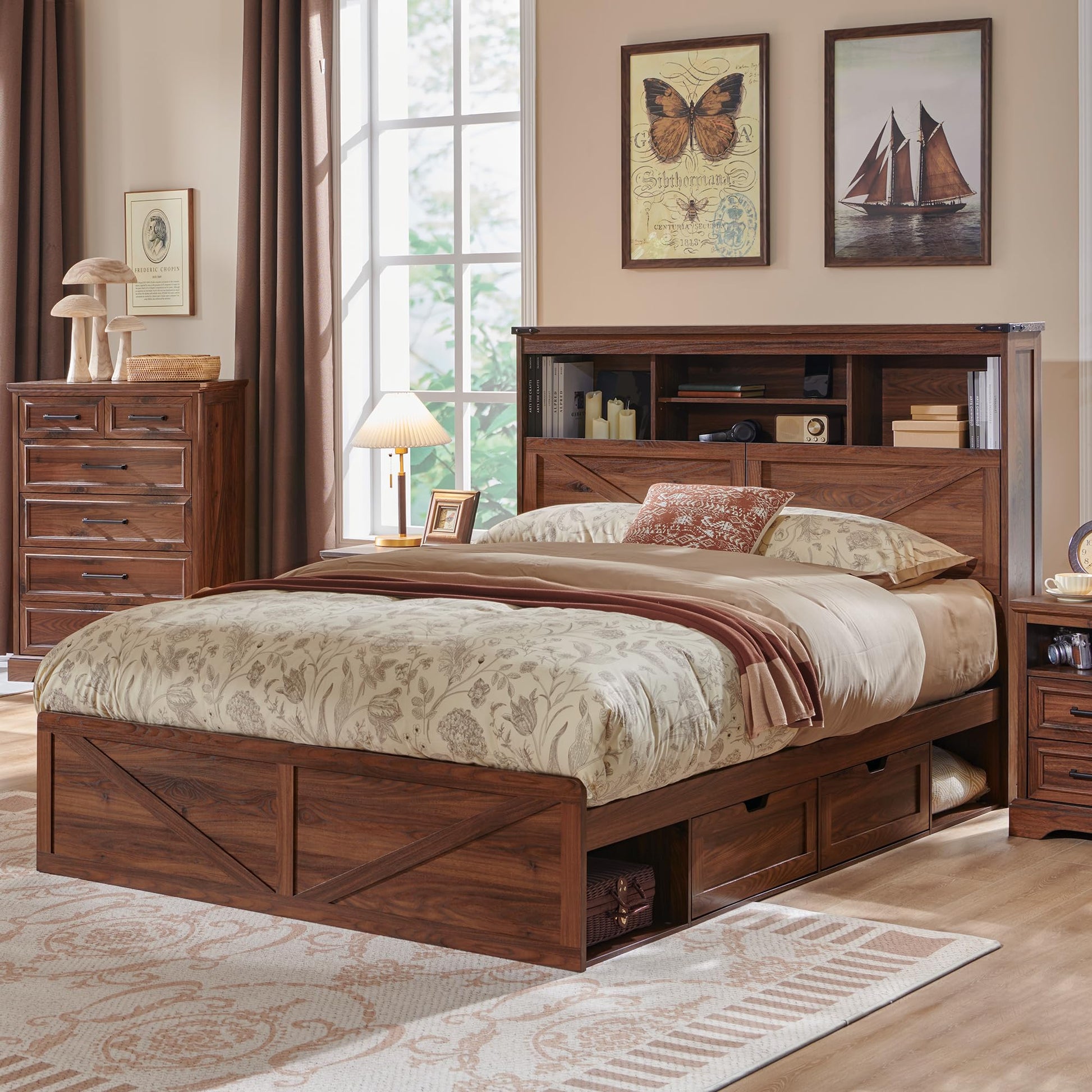 ACCOHOHO Luxury Farmhouse Wood Bed Frame with 52" Storage Bookcase Headboard, LED Lights, Charging Station & 4 Drawers - Brown - WoodArtSupply