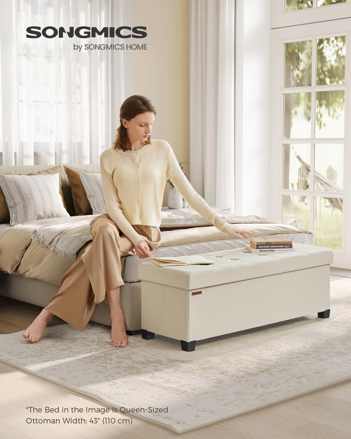 SONGMICS Storage Ottoman Bench, Foldable Foot Rest with Legs, 15 x 43 x 15.7 Inches, End of Bed Bench, Storage Chest, Load up to 660 lb, for Living Room, Bedroom, Entryway, Cream White ULSF018W01 SONGMICS