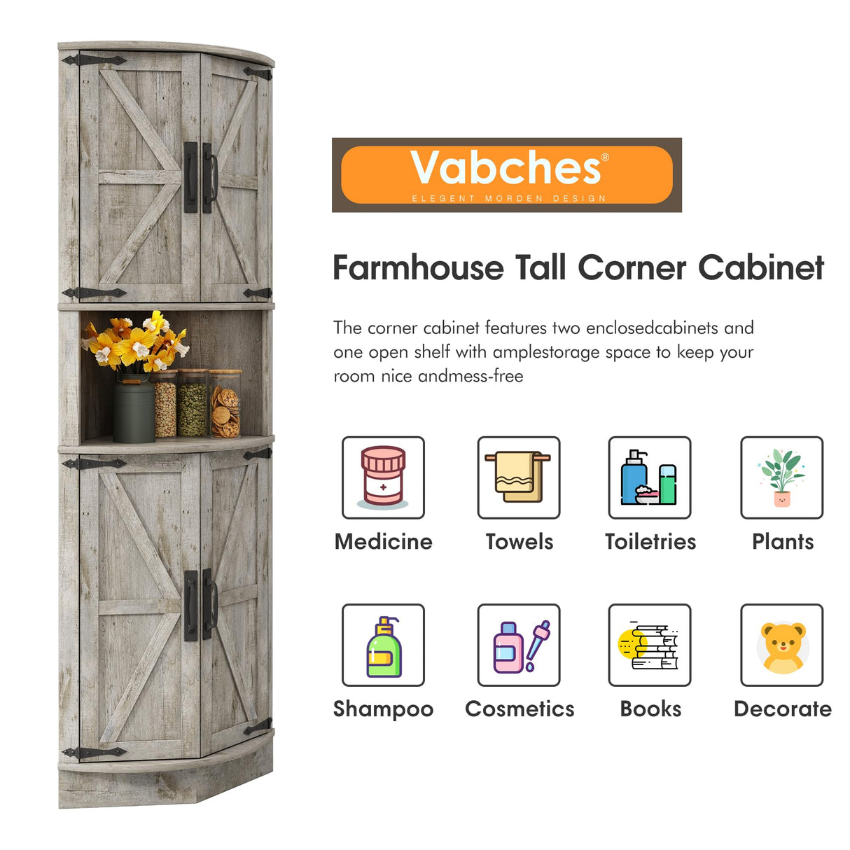 Vabches 64.8" Tall Farmhouse Corner Cabinet with 4 Doors and 5 Storage Shelves, Farmhouse Storage Cabinet with Barn Door Design, Home Space Saver for Living Room, Kitchen, Laundry Room,Grey Vabches
