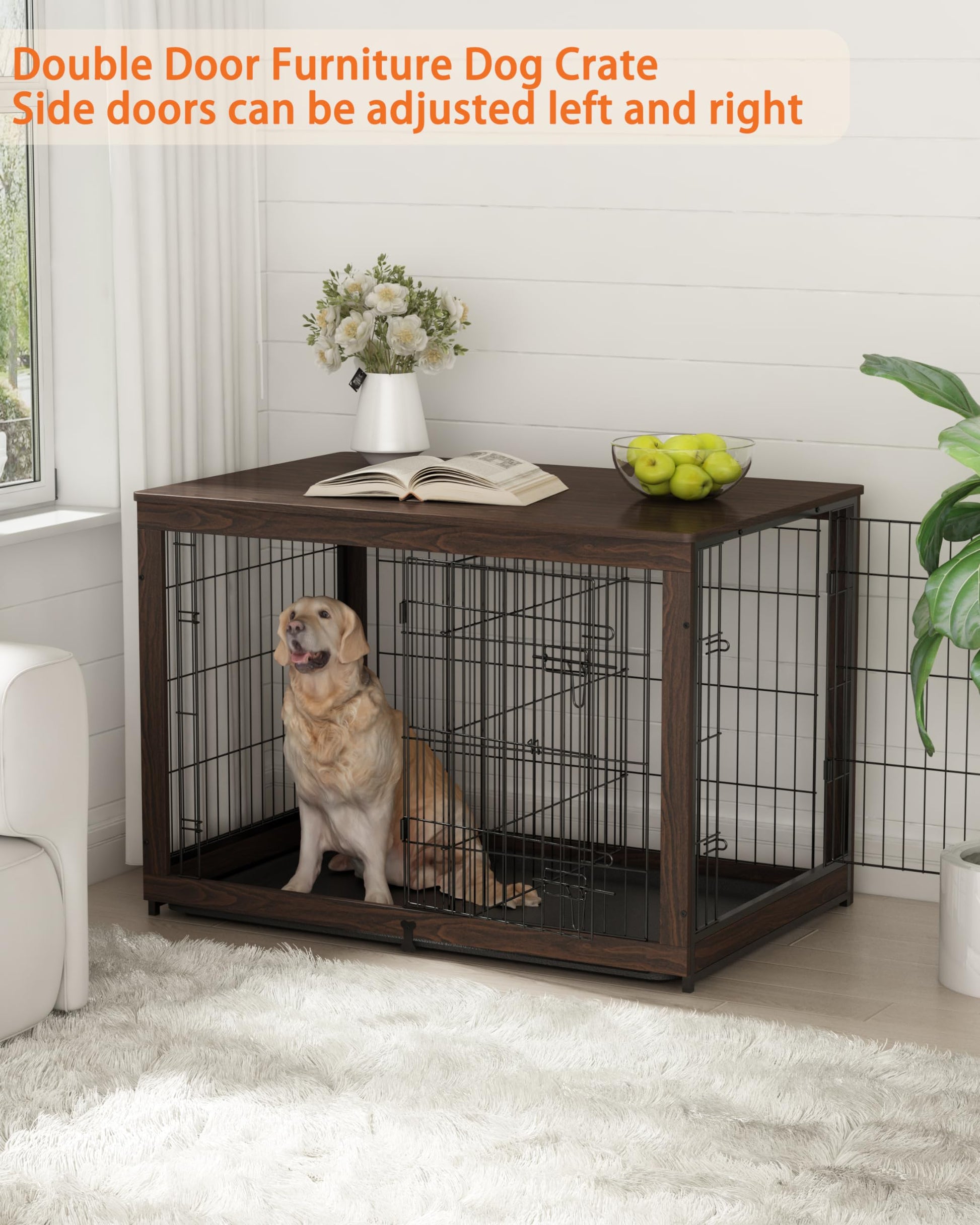 Piskyet Wooden Dog Crate Furniture with Divider Panel, Dog Crate End Table with Fixable Slide Tray, Double Doors Dog Kennel Indoor for Dogs(XL:43.2" L * 28.6" W * 30.3" H,Brown Walnut) - WoodArtSupply