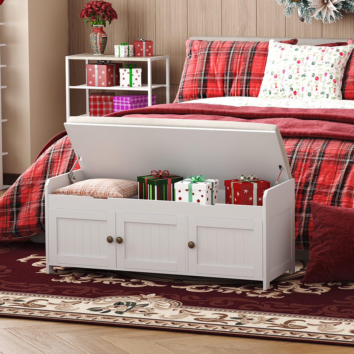 HOMEFORT 41.3" Shoe Bench with Lift Top Storage, Entryway Storage Bench with Cushioned Seat, Wooden End of Bed Bench, Shoe Cabinet Bench with Hidden Storage Space, for Bedroom, Hallway,White HOMEFORT