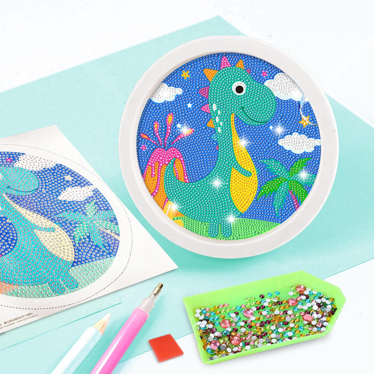 ACSAUMMY 5D Diamond Art Painting Kits for Kids with Wooden Frame Dinosaur Diamond Art and Crafts for Kids Ages 6-8-10-12 Full Drill Painting by Number Kits Gem Art with 6.7 inch Diamond Paint Frames ACSAUMMY