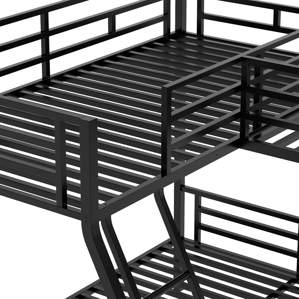L-Shaped Metal Triple Bunk Bed for 3, Twin Over Full Bunk Bed with a Twin Size Loft Bed Attached, with a Desk, 3 Beds Bunk Bed Frame for Kids Teens Adults - Black Bellemave