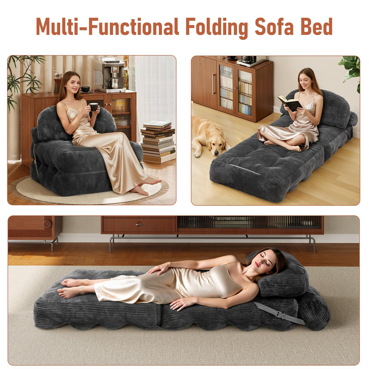 Vellorise Folding Sofa Bed, Convertible Sleeper Chair with Back Support and Pillow Futon, Foldable Couch for Living Room/Guest Use/Home Office, Foldable Chair Bed for Adults, Dark Gray Vellorise