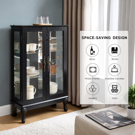 Lighted Curio Cabinet, 44" H Glass Display Case with Adjustable Glass Shelves, Vintage China Cabinet with Mirrored Back Panel & 3-Tier Shelves, Blub Included, Rack for Living Room (Black) CKEASEAN