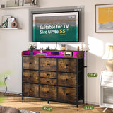 Yoobure Dresser for Bedroom with Charging Station and LED Lights, Tall Dresser TV Stand with 10 Storage Drawers,Fabric Dressers & Chests of Drawers,Wood Dresser for Bedroom Closet Organizer,Brown Yoobure