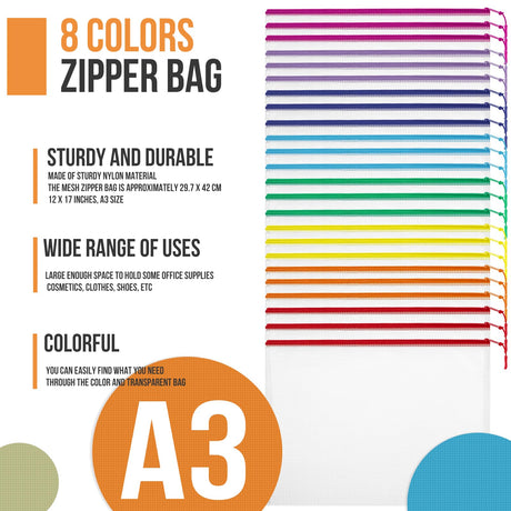 24pcs Mesh Zipper Pouch File Bags Puzzle Storage Bags, A3 17x12 Inches Large Reusable Zipper Pouches for Organizing Classroom Board Game Organization YOPCDJ