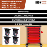 Iron Forge Tools Heavy Duty Swivel Knobby Casters Set of 4, 6" Height, 5" Diameter, Solid PU Knobby Tread Heavy Duty Wheels, Swiveling Bases, Two Casters with Brakes, Two Without, Black & Red Iron Forge Tools
