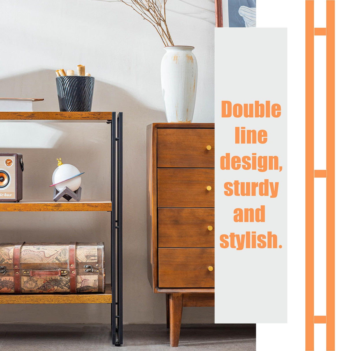 BCLOUDNEST Bookshelf, 3 Tier Horizontal Bookcase, Industrial Book Shelf for Living Room, Home Office, Kitchen, Rustic Brown BCLOUDNEST