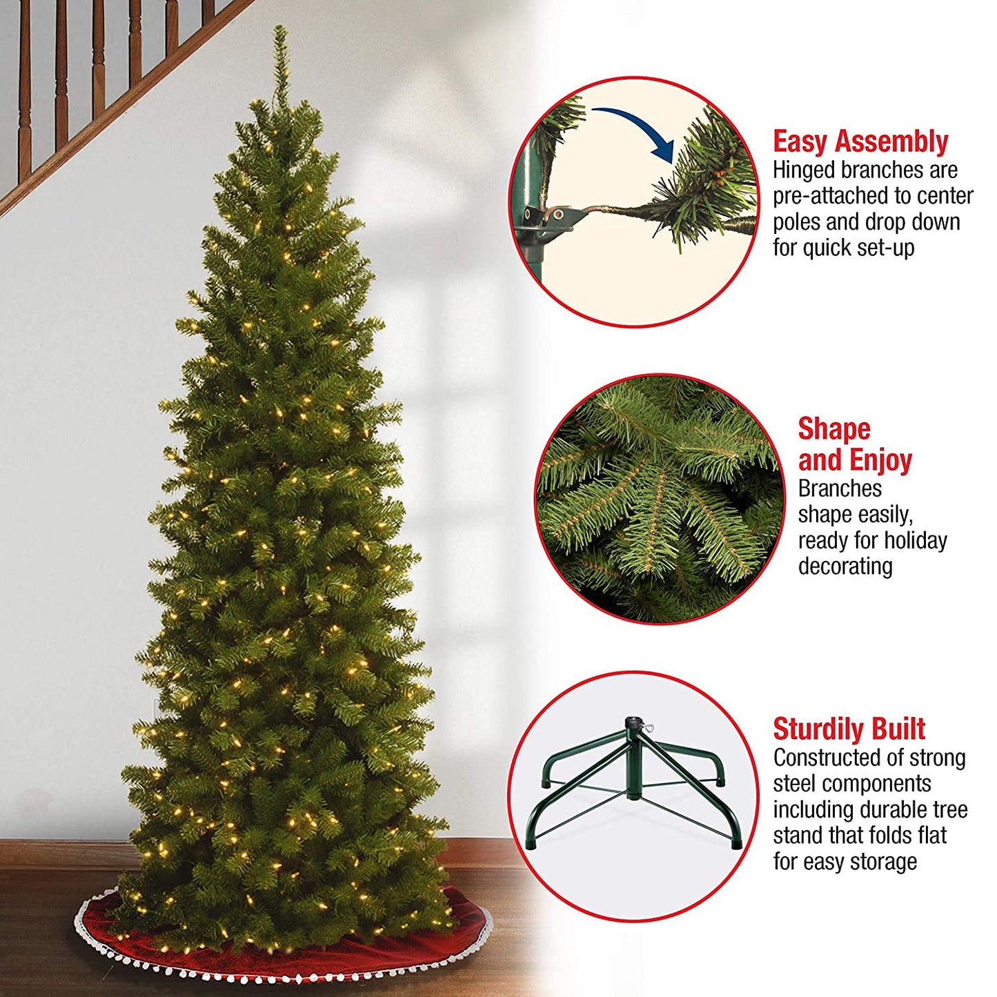 National Tree Company Pre-Lit Artificial Slim Christmas Tree, Green, North Valley Spruce, White Lights, Includes Stand, 7 Feet