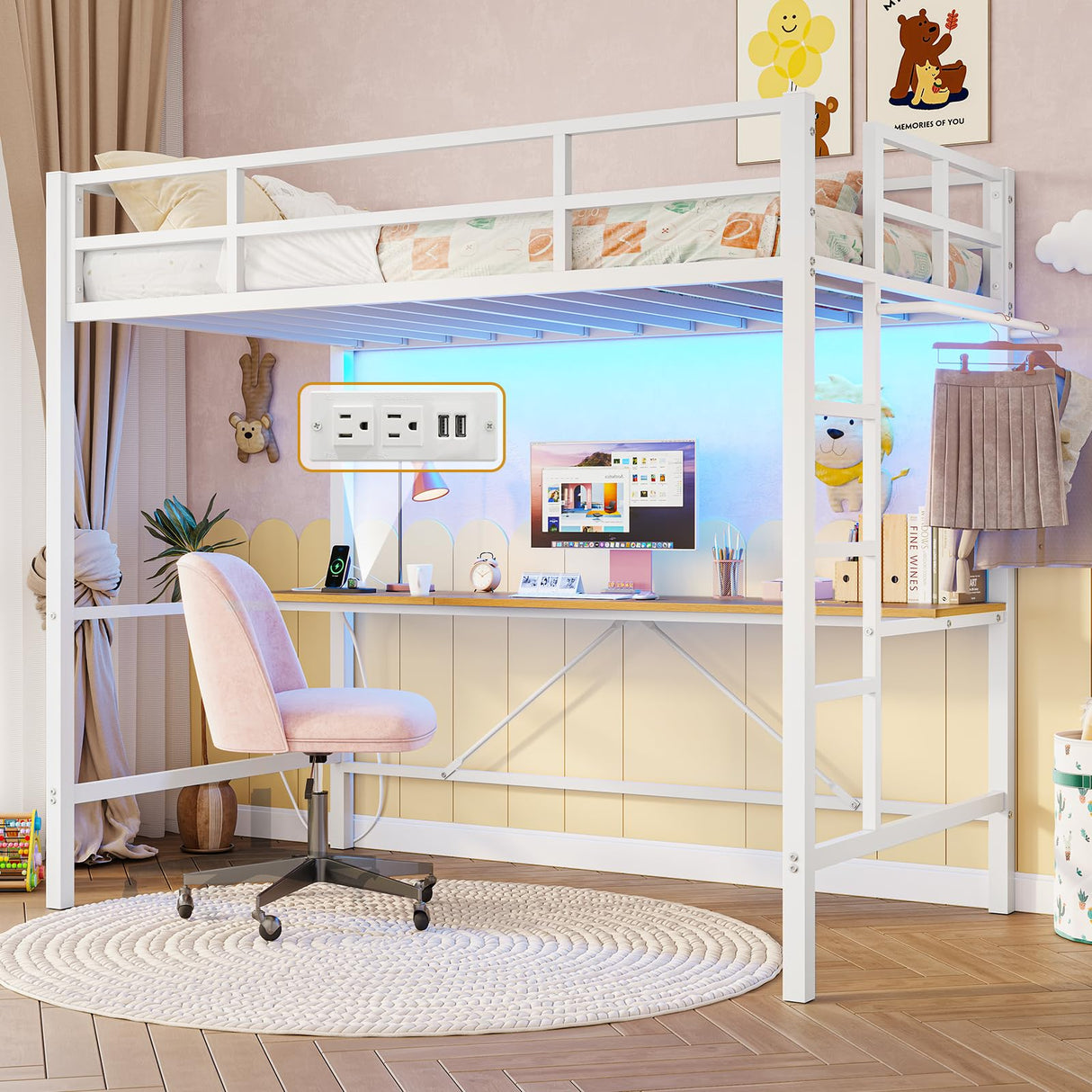 DICTAC Twin Loft Bed with Desk and Charging Station Twin Size Metal Bed Frame with LED Lights Metal Platform Bed,Top Bunk with Safety Guardrail and Stair, Space-Saving,No Box Spring Needed, White DICTAC