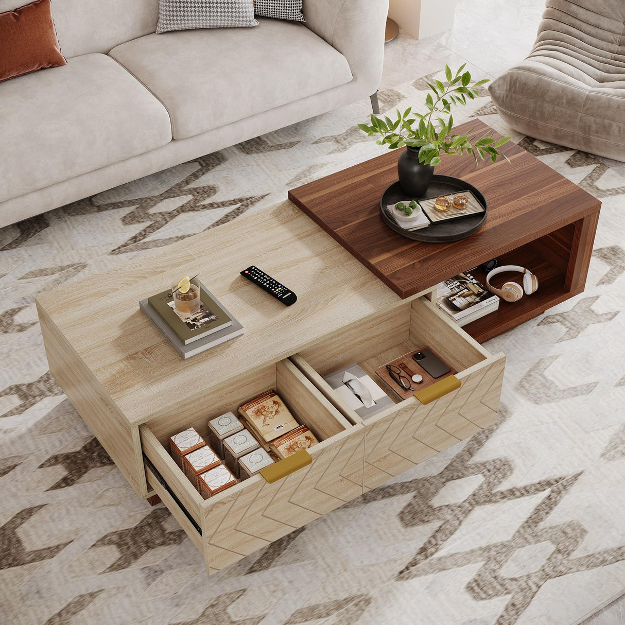 Tribesigns Extendable Coffee Table with 2 Storage Drawers, Dual-Tone Center Table with Sliding Tabletop, Multi-Functional Hidden Storage Wooden Rectangle Cocktail Table for Living Room, Walnut & Oak Tribesigns