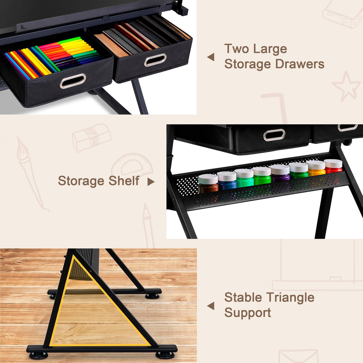 ZENY Adjustable Drafting Table with Stool, Tilting Drawing Desk Artist Table with Storage Drawers, Art Craft Workstation for Home Office Reading, Writing, Crafting (Black-with Outlet) ZENY